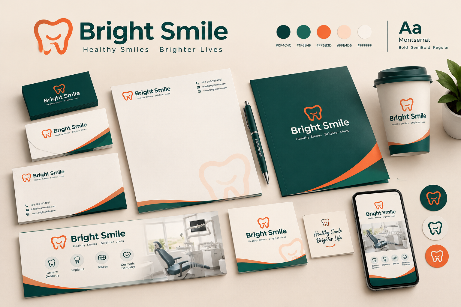Dental clinic brand identity including professional logo, colours and typography