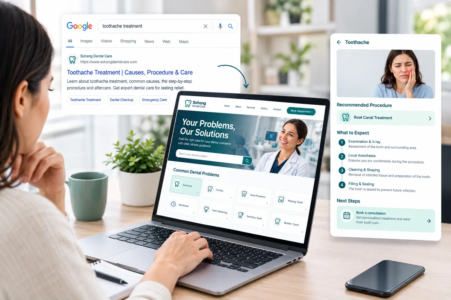 Dental website showing problem-specific treatment guides and procedures for patients