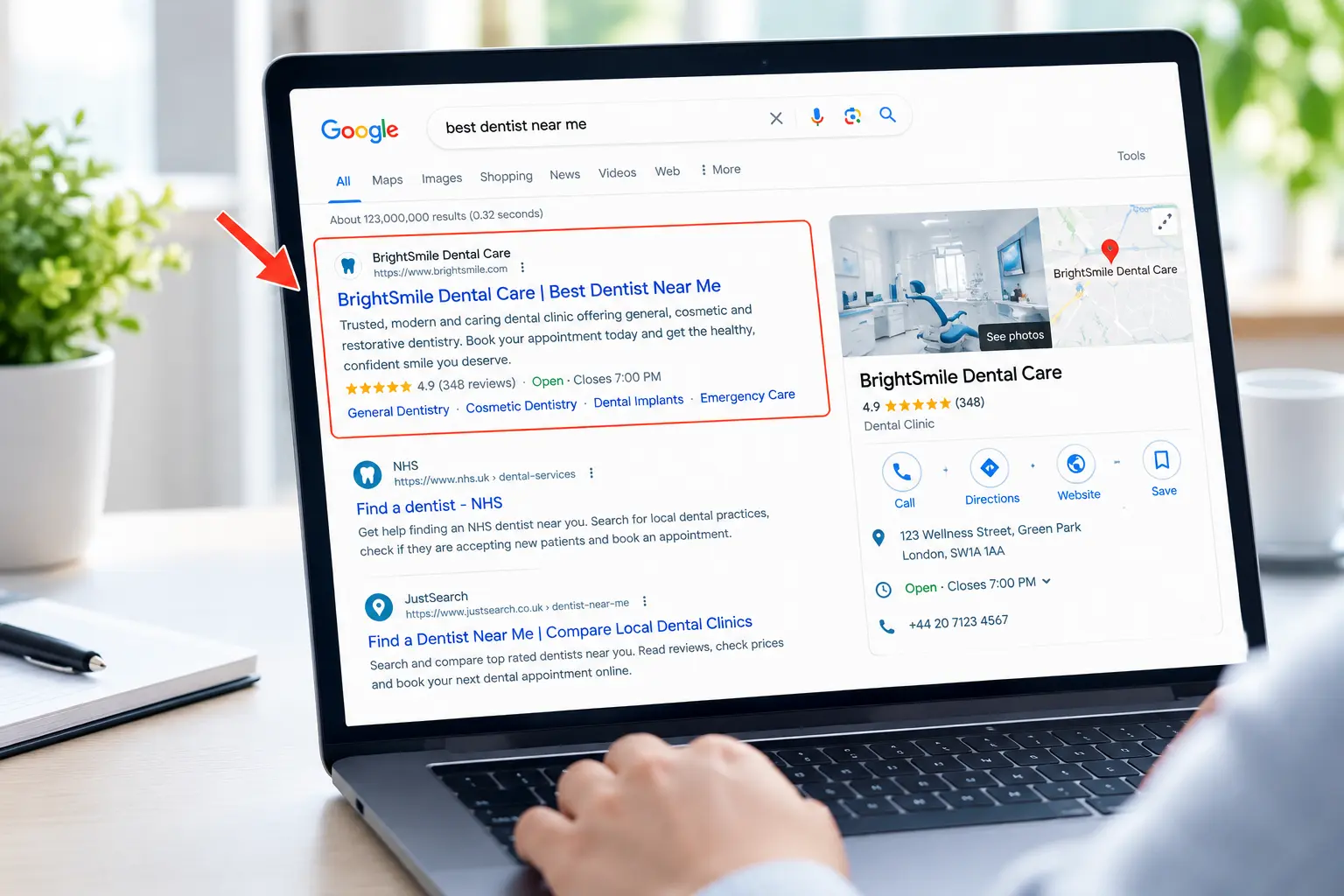 Dental website appearing in Google search for best dentist near me